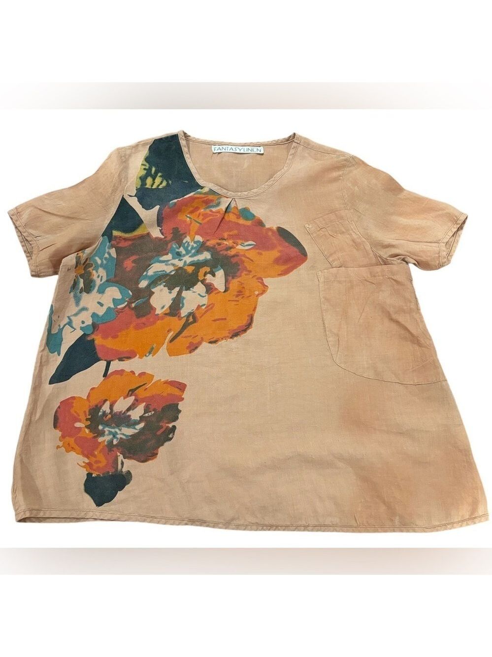 90s LINEN FLORAL OVERSIZED SCOOP NECK TOP W SHORT SLEEVE BOLD TROPICAL PRINT XL - Picture 1 of 6